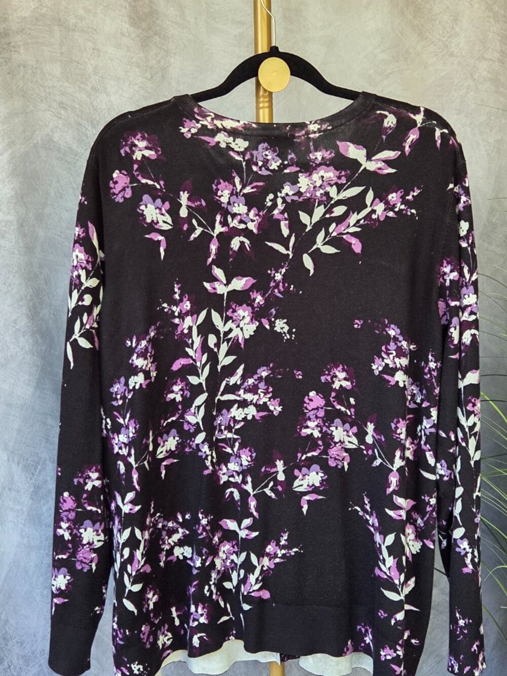 Women's Avenue Black Purple & White Fine Gauge Knit Cardigan Sz 22-24 Like New - Picture 3 of 4